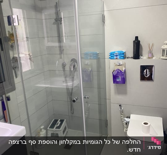 מקלחון זכוכית עם ראש מקלחת, שירותים ומוצרי ניקוי